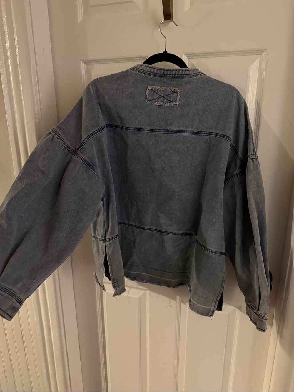 Light Wash Denim Pullover V-Neck Sweatshirt - Picture 3 of 4